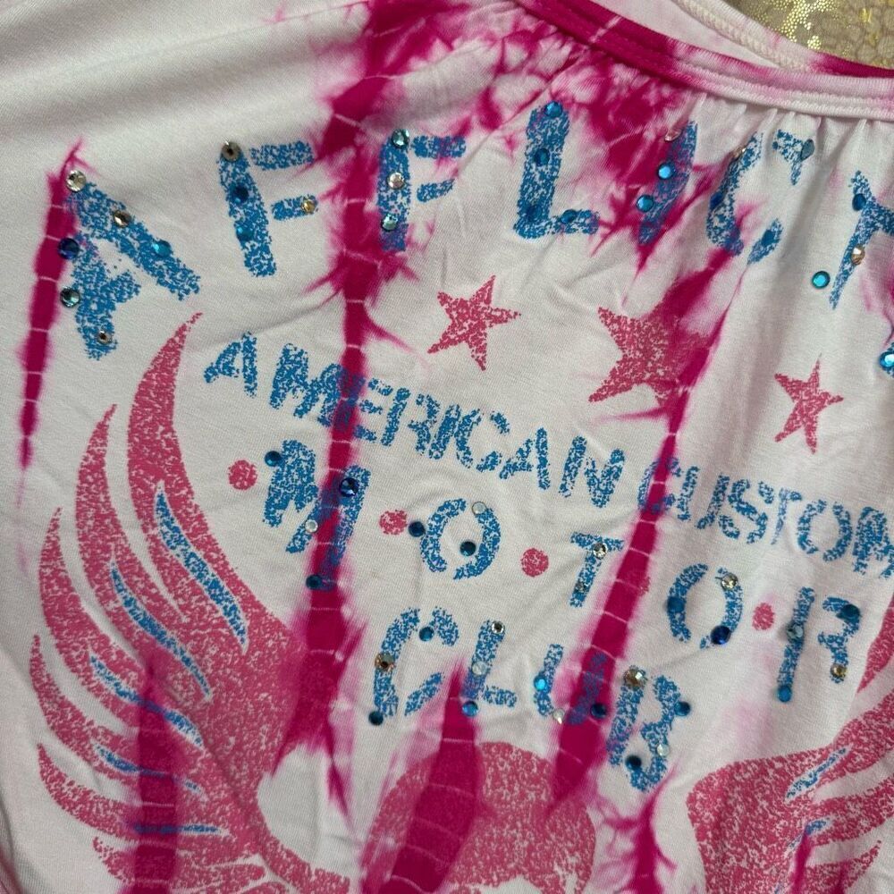 Vintage Y2K Affliction Black Label Pink Tie Dye Rhinestones Stretchy Tank Top S - Picture 4 of 8